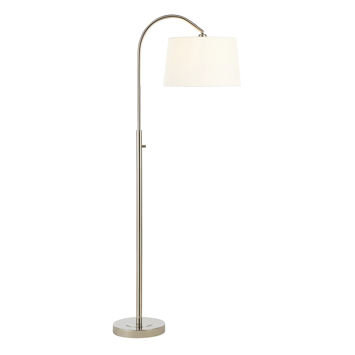 Solenne Arc Floor Lamp in polished nickel illuminated to show the warm glow through its off-white linen shade.