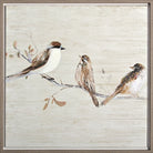 Framed artwork of birds on a branch with a neutral background