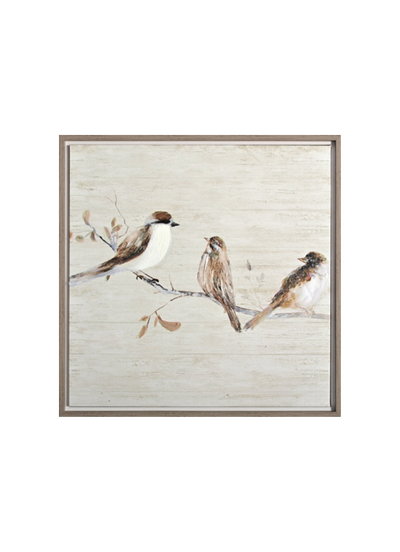 Framed artwork of birds on a branch with a neutral background
