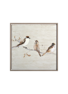 Framed artwork of birds on a branch with a neutral background
