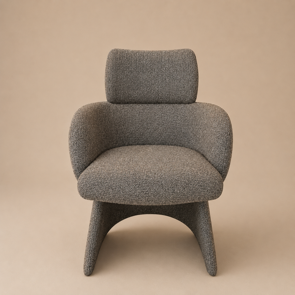 Front view of the charcoal Soren bouclé dining chair with wraparound arms