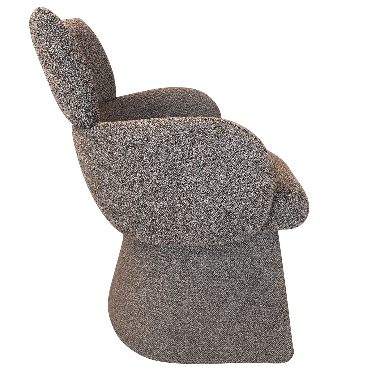 Side profile of the charcoal Soren bouclé dining chair with wraparound arms