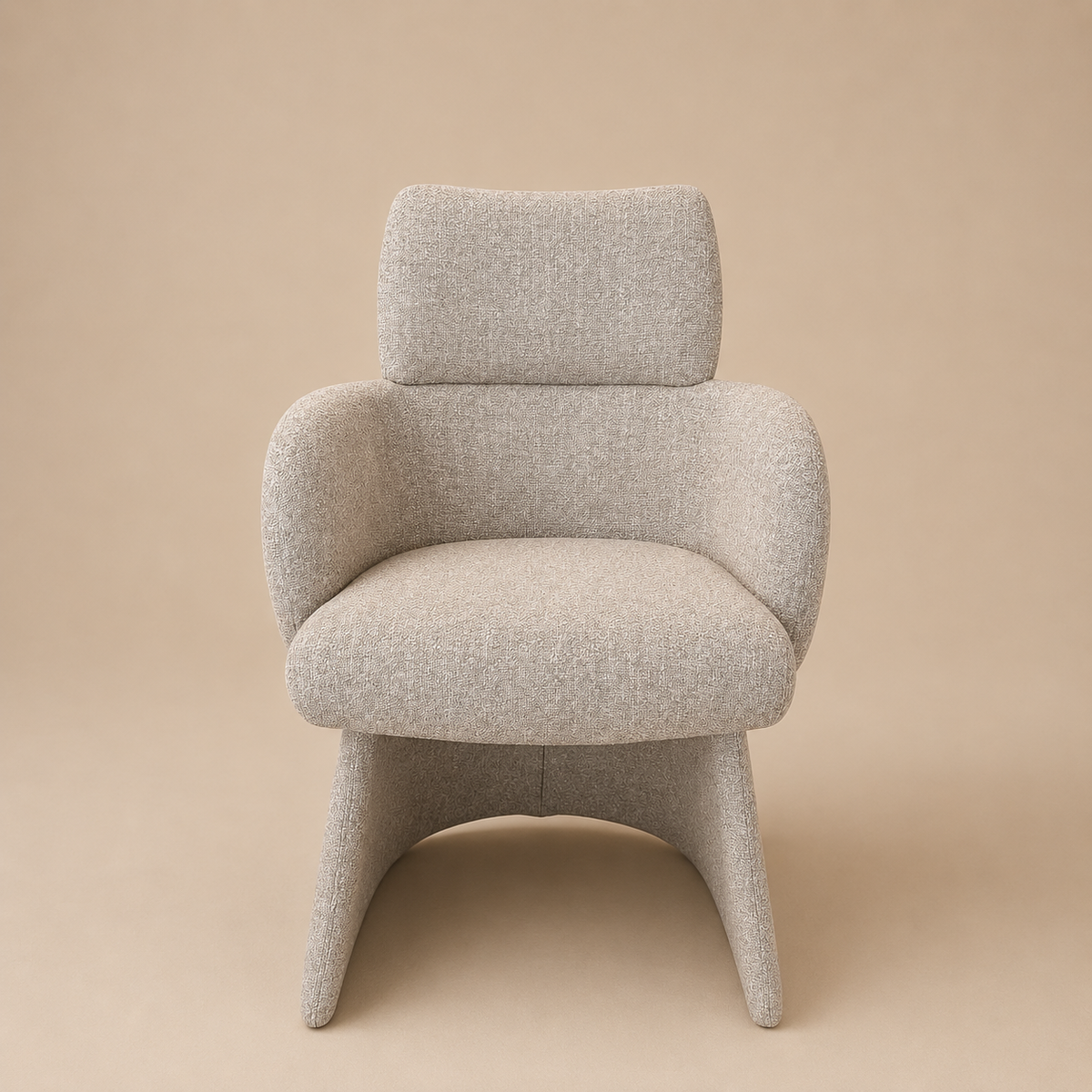 Front view of the oatmeal Soren bouclé dining chair with wraparound arms and curved base
