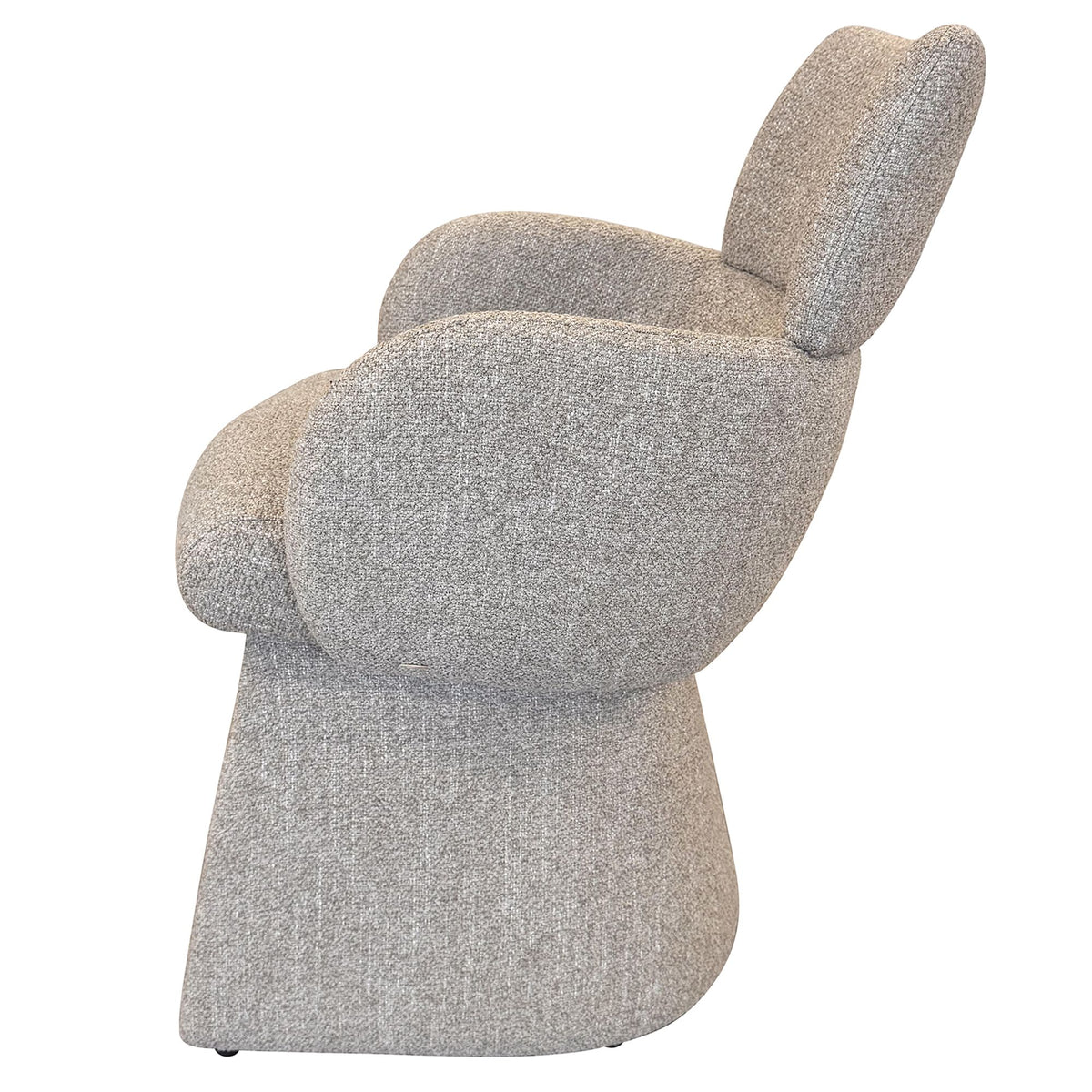 Side profile of the oatmeal Soren bouclé dining chair with wraparound arms
