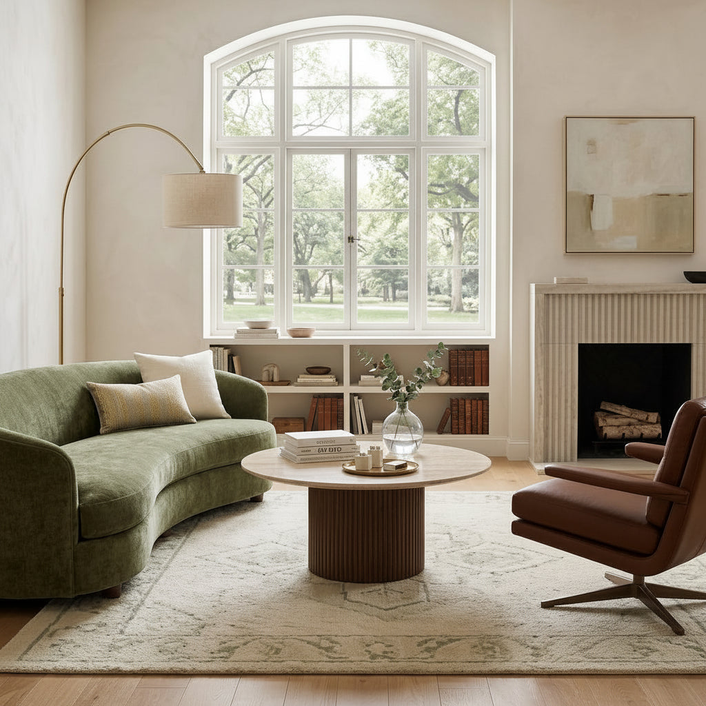 Modern living room with green sofa, round travertine coffee table, and fireplace.