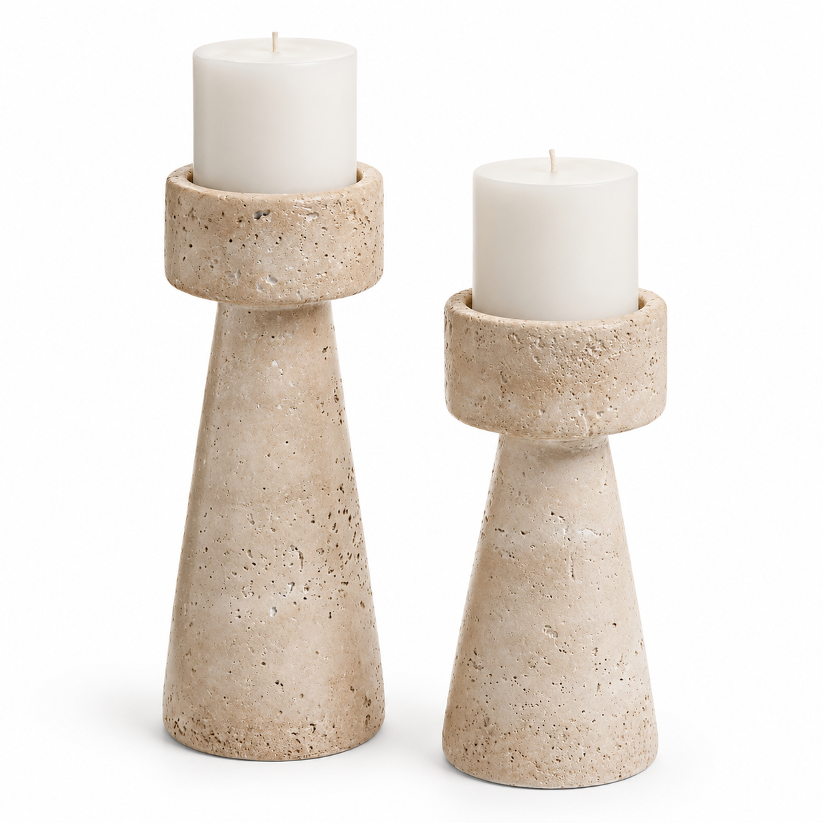 Small and large beige travertine-look cement candle holders