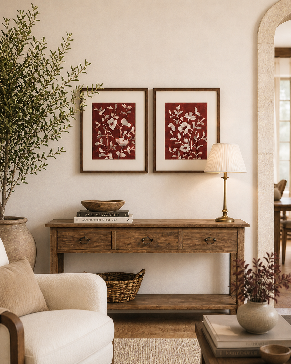 Living room with a wooden console table, armchair, and decorative elements.