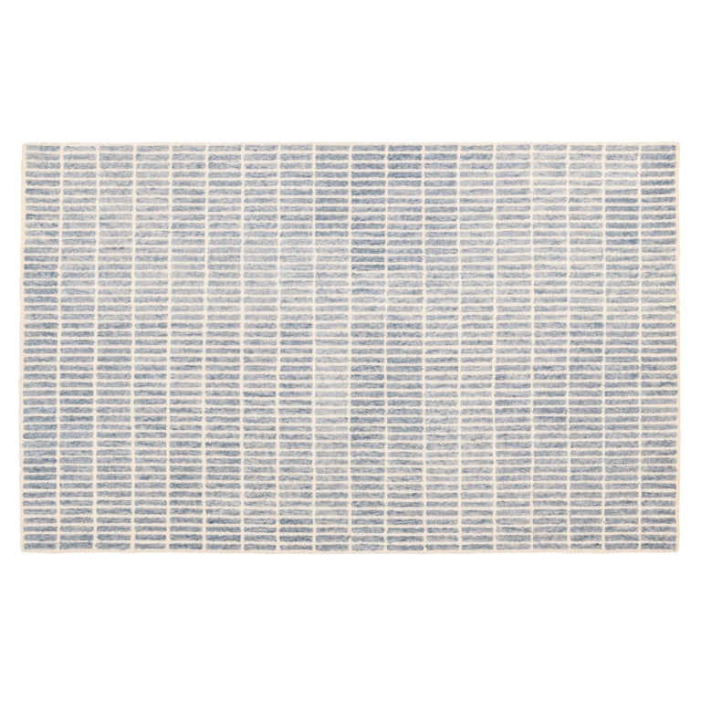 Full view of the Tessera Hand-Tufted Wool Grid Rug in blue with an ivory linear grid pattern.