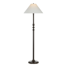 Thalia Dark Bronze Floor Lamp illuminated to show the warm glow through its off-white linen shade.