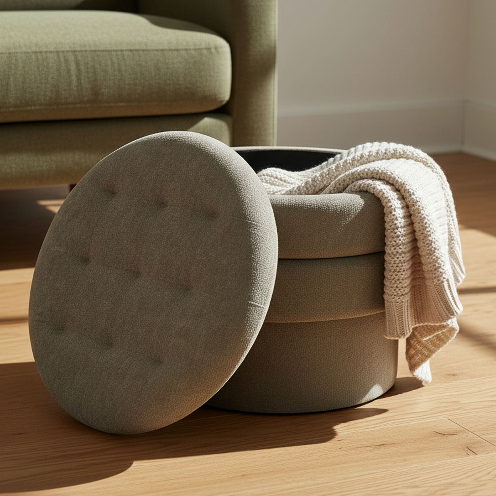 Round cushioned ottoman with a blanket draped over it on a wooden floor.