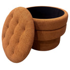 Brown cushioned ottoman with a tufted lid on a white background