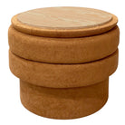 Brown cylindrical ottoman with a wooden top on a white background