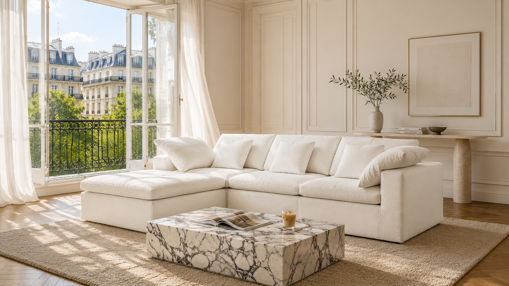 Modern living room with a white sectional sofa, marble coffee table, and large windows.