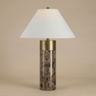 Full front view of the Valance table lamp featuring a brown marble cylindrical base, brushed brass collar, and white tapered shade.