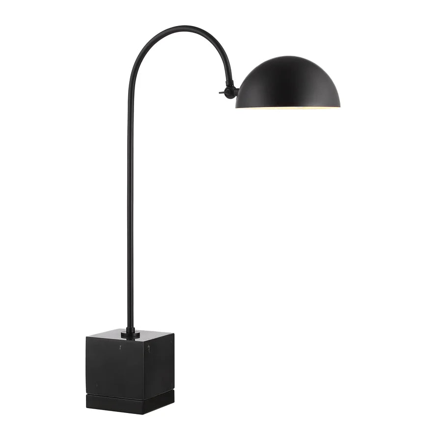 Black table lamp with curved arm on a white background