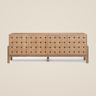 Front studio view of the Varelle Carved Mango Wood Sideboard with a light brown finish and carved woven four-door front on a warm beige background.