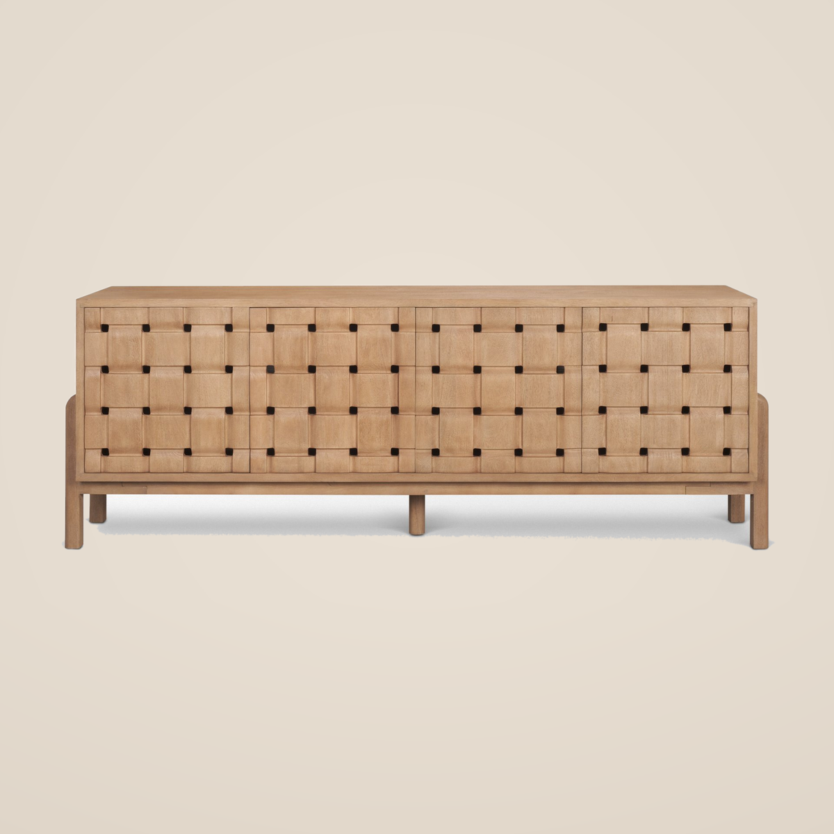 Front studio view of the Varelle Carved Mango Wood Sideboard with a light brown finish and carved woven four-door front on a warm beige background.