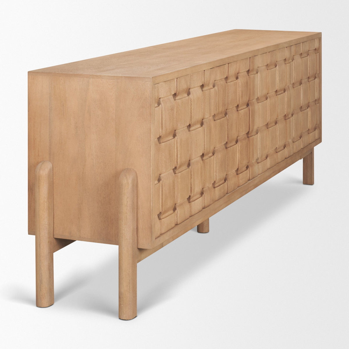 Rear angle view of the Varelle Carved Mango Wood Sideboard highlighting the finished back, rounded supports and cabinet proportions.
