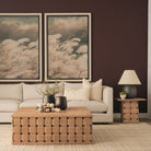 Varelle Carved Mango Wood Square Coffee Table styled in a warm living room with a neutral sofa and matching Varelle side table.