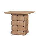 Angled studio view of the Varelle Carved Mango Wood Square Side Table showing the square top and sculptural woven pedestal base.