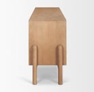 End view of the Varelle Mango Wood Sideboard showing the slim cabinet depth and rounded vertical support details.