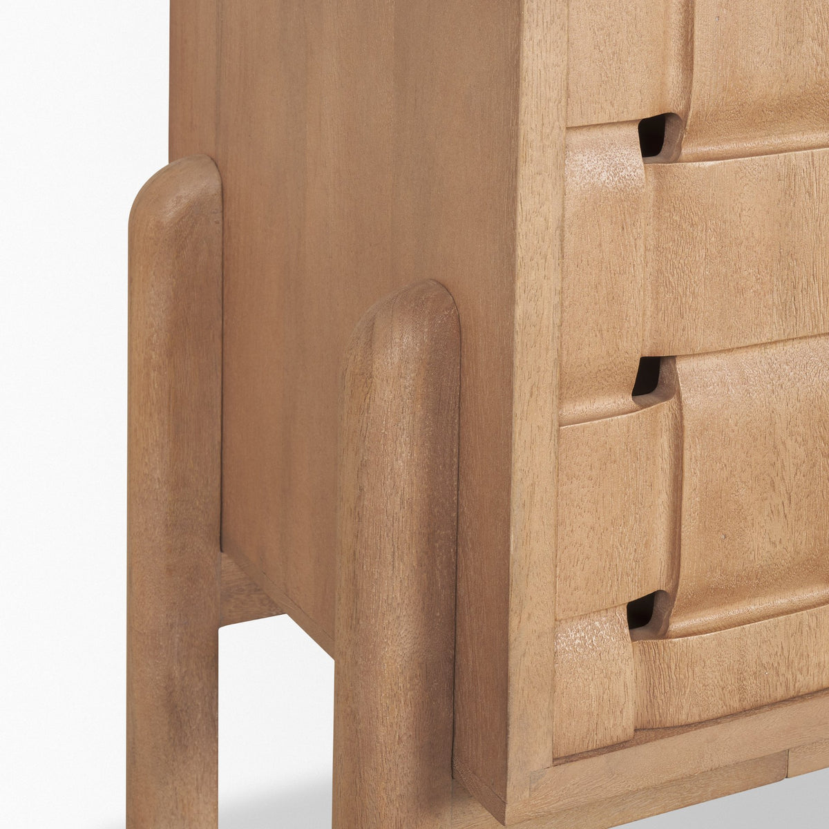 Close-up of the Varelle Sideboard rounded solid wood side supports and carved door edge detail.