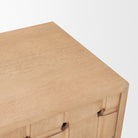 Close-up of the Varelle Sideboard solid mango wood top showing the smooth light brown finish and natural wood grain.