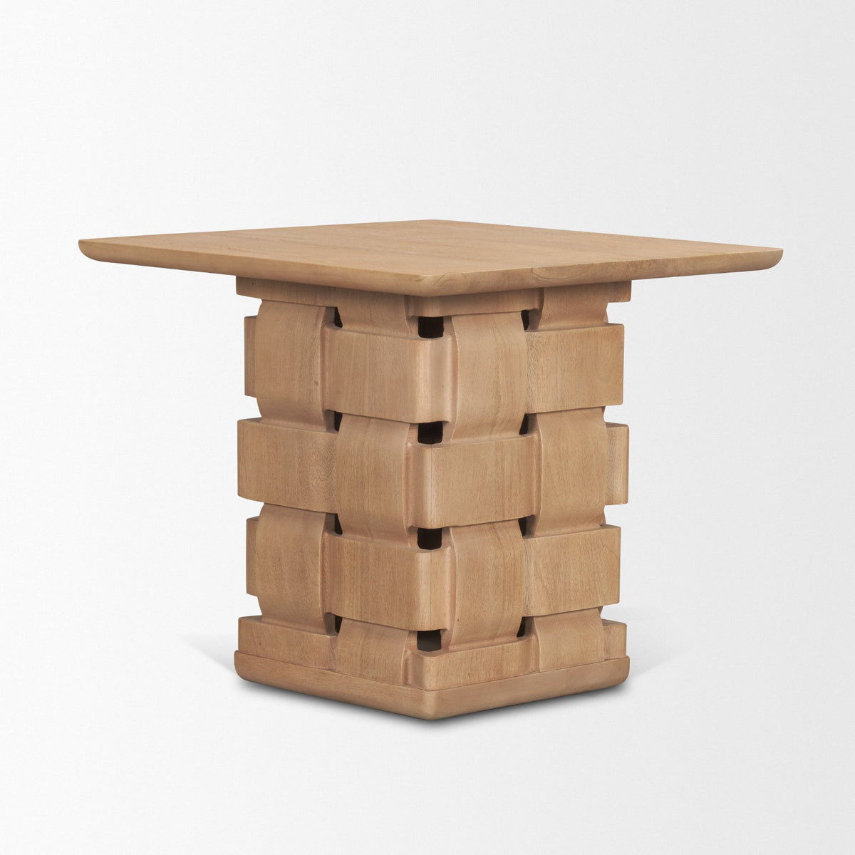 Close-up of the Varelle Square Side Table top showing the natural mango wood grain and softly rounded edge.