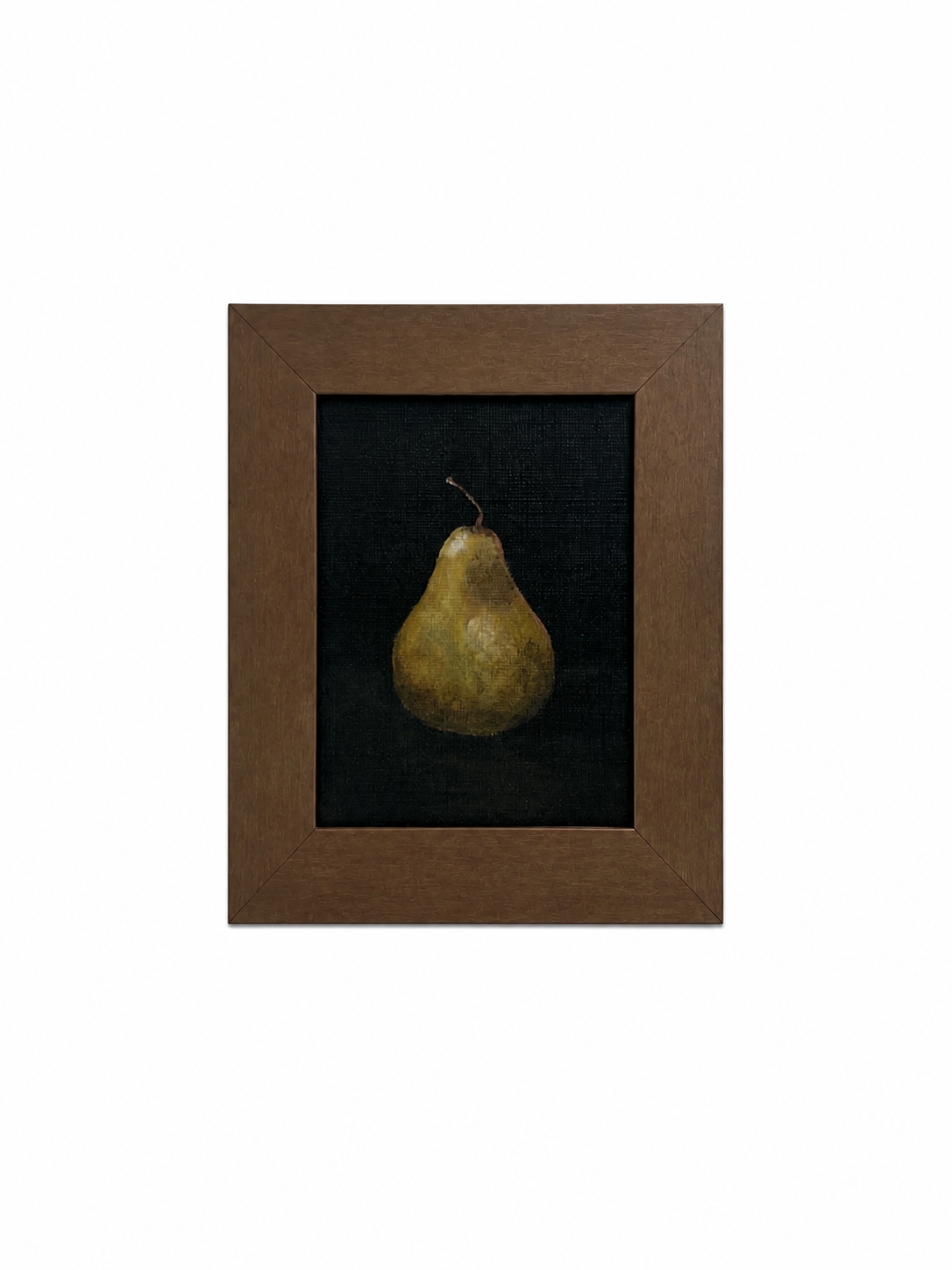 Framed artwork of a pear on a black background