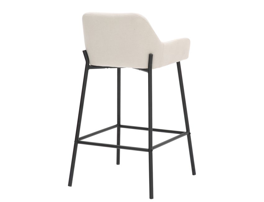 Bar stool with beige seat and black metal frame on a white background