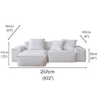 Whisper Breathable Cotton Sofa 2 seater with chaise in white cotton muslin fabric and detailed dimensions shown