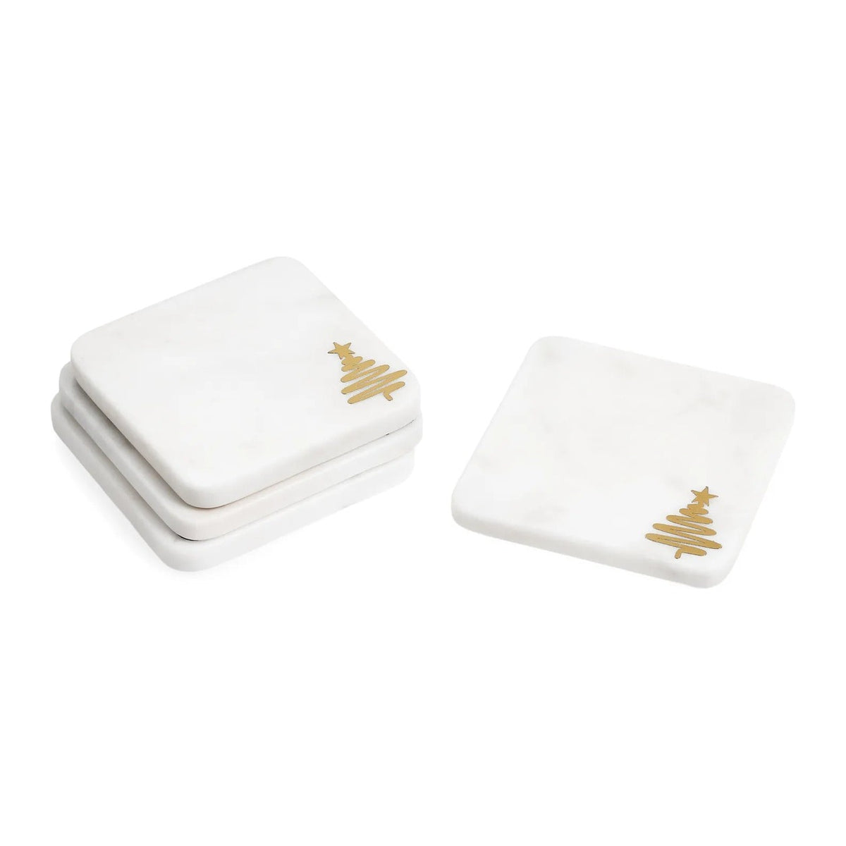 Set of four white marble square coasters with gold Christmas tree accents