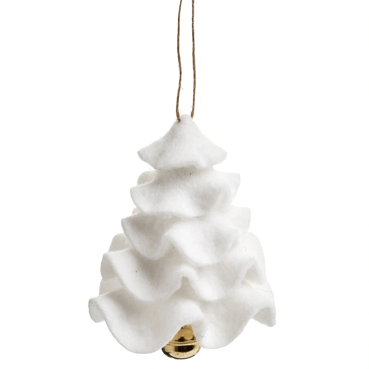 A white felt Christmas tree ornament with a small gold bell at the base and a brown hanging string, shown against a plain white background.