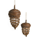 Two acorn-shaped hanging planters made from woven natural twigs, shown on a plain white background.