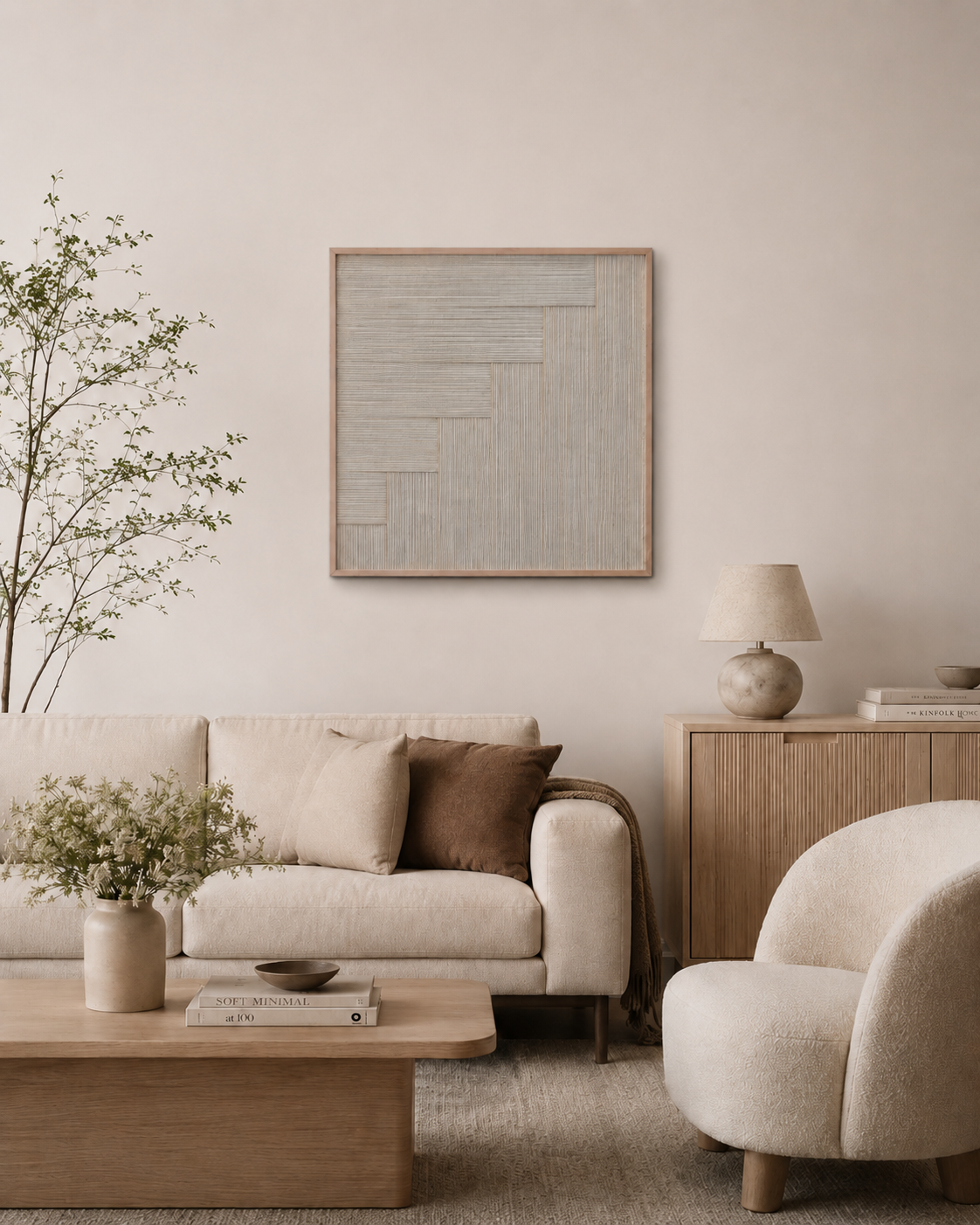 A styled living room featuring a square abstract wood art print with a light gray and beige geometric pattern in a light wood frame, hung on a beige wall above a cream-colored sofa.