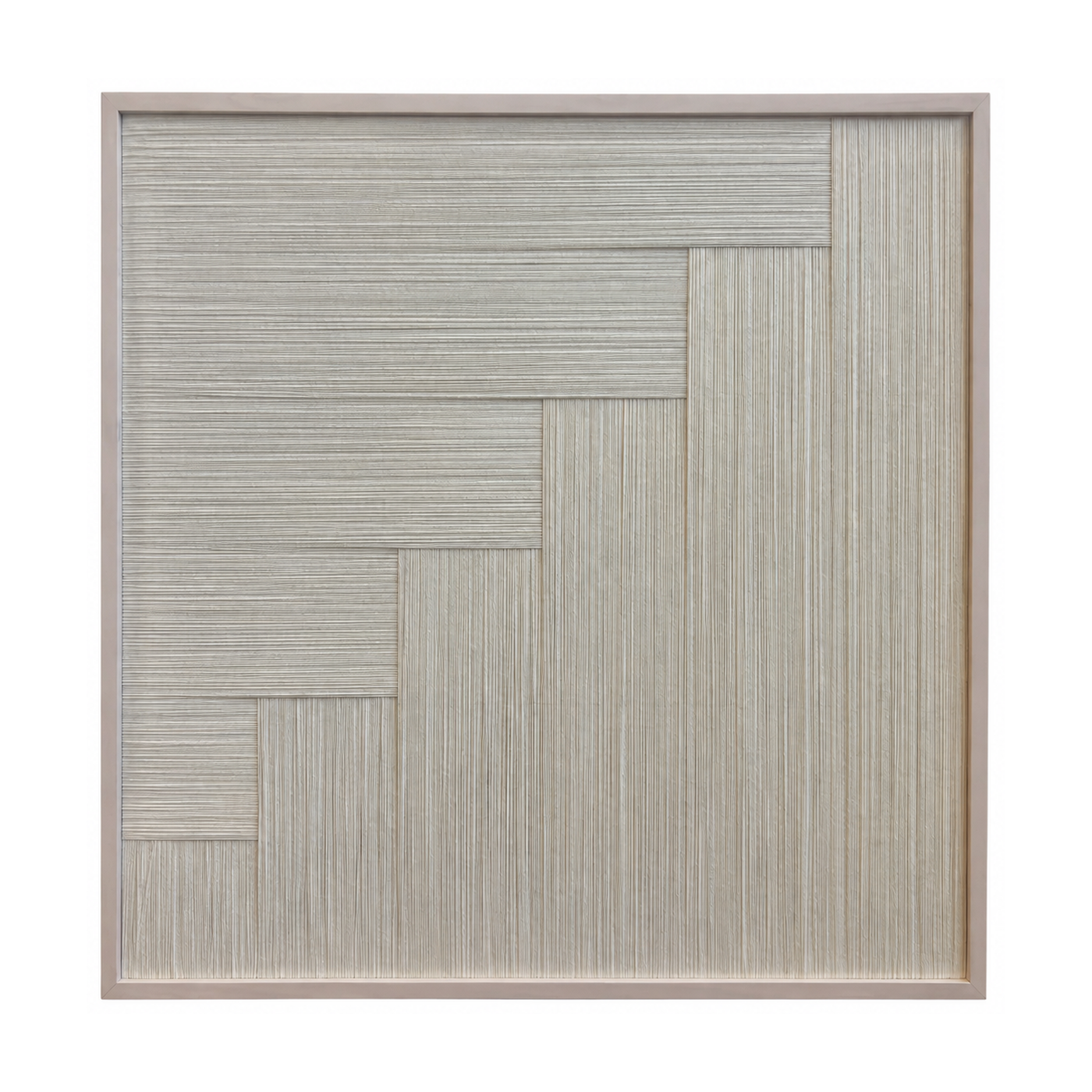 A square framed wall art panel featuring a geometric pattern of textured vertical woven in light beige tones, set against a solid white background.