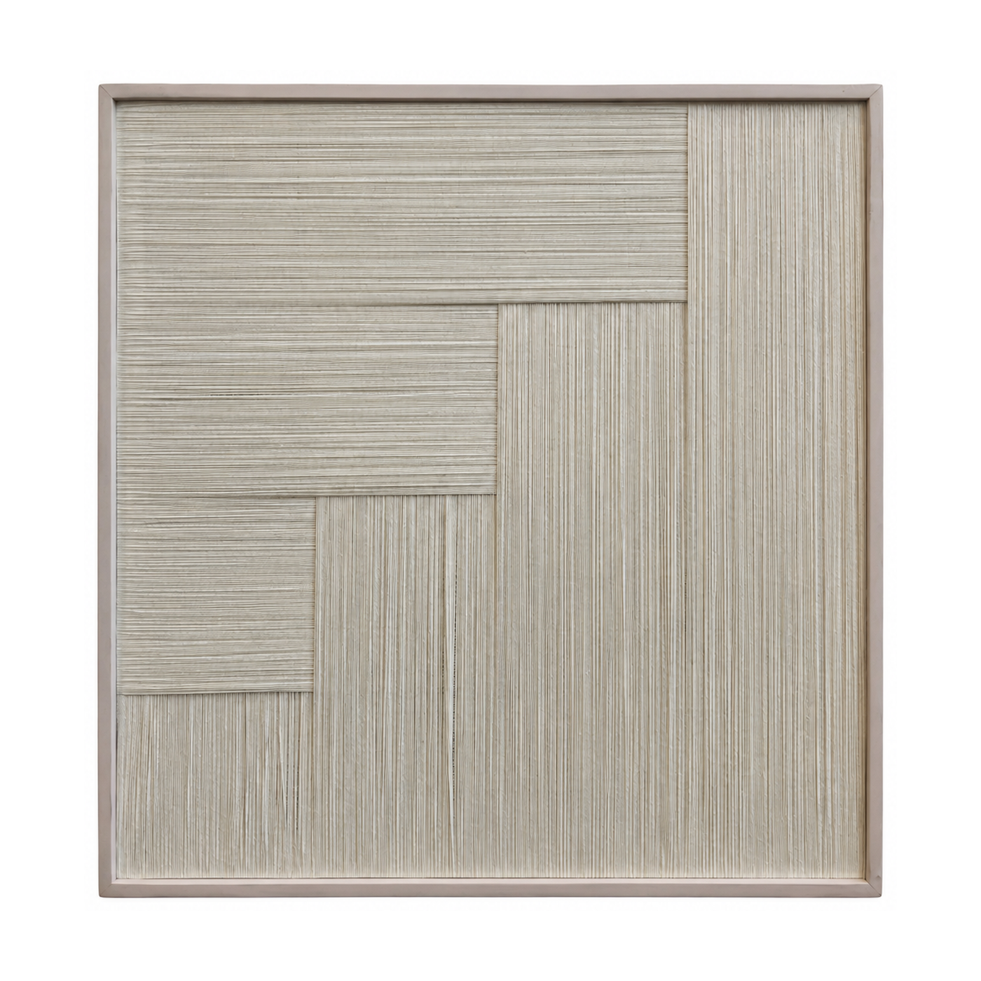 A square framed wall art piece featuring a geometric pattern of textured, vertically woven panels in light beige tone, set against a solid white background.