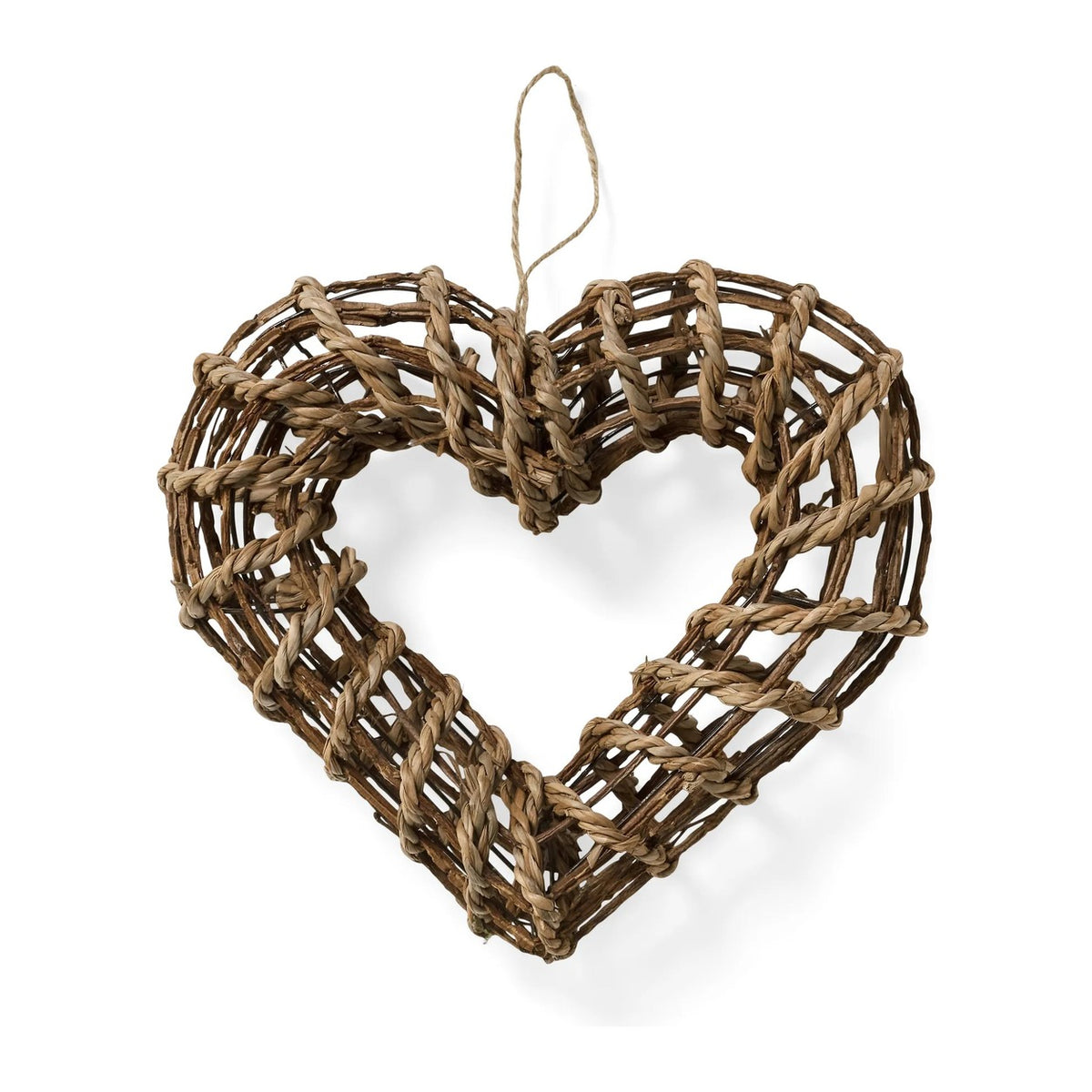 Natural woven heart wall decoration in brown vine, grass, and rope