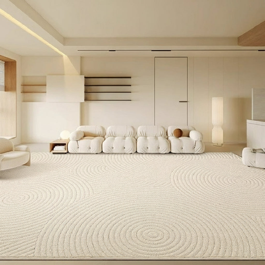 Zen Circles Rug in a modern beige living room with soft circular textured patterns