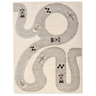 Full view of Zoomie Lane Kids Rug with a grey winding racetrack and playful cars on an ivory background.