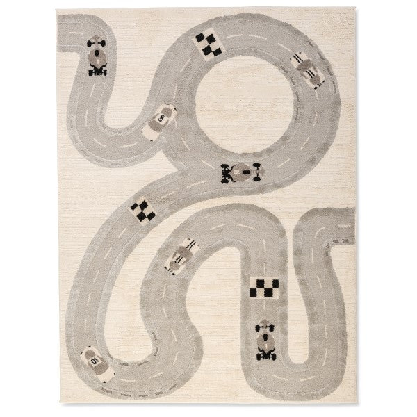 Full view of Zoomie Lane Kids Rug with a grey winding racetrack and playful cars on an ivory background.